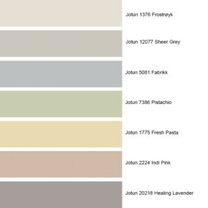 Palett med nye fargetrender for 2024 fra Jotun som viser lyse farger