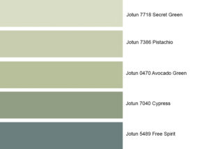 Palett med grønnfarger fra Jotun LADYs fargekart for 2025 - Nuances